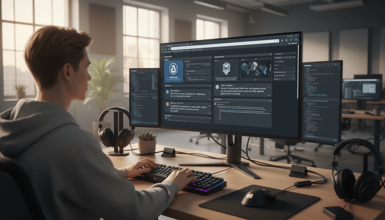 Developer collaborating with gaming community through Discord on widescreen monitor displaying asset specifications and project chat Developer collaborating with gaming community through Discord on widescreen monitor displaying asset specifications and project chat